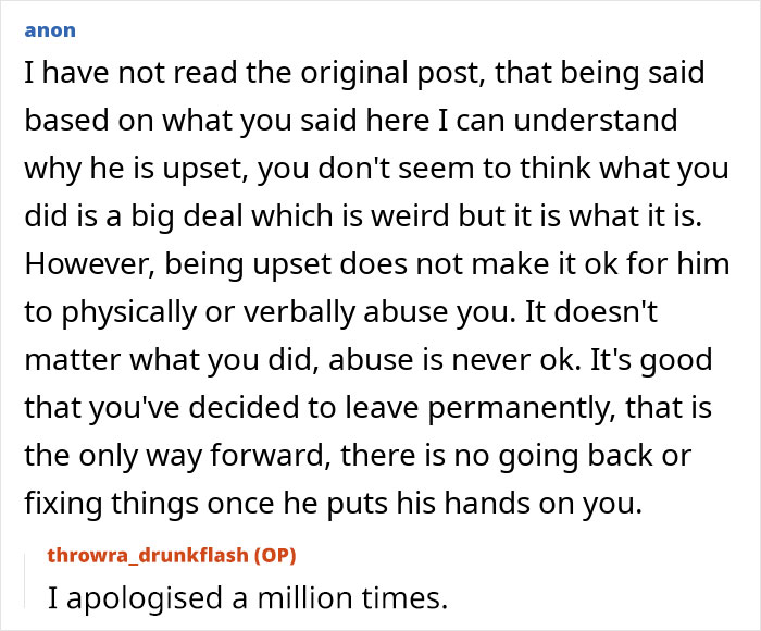 Comment discussing physical and verbal abuse faced after drunk wife flashes husband's friends, highlighting decision to leave permanently. - 27