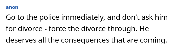 Comment text on a white background discussing divorce advice related to a drunk wife flashing husband’s friends incident. - 29