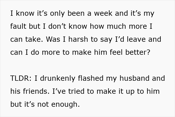 Text excerpt showing a drunk wife flashing husband’s friends and facing verbal attacks and physical violence struggles with guilt and making amends. - 12