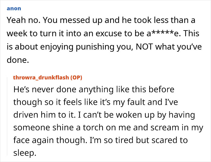 Online conversation text discussing a drunk wife flashing husband’s friends and facing verbal and physical violence. - 14