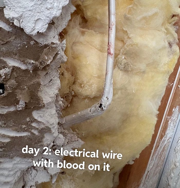 Exposed electrical wire with blood stains on insulation and surrounding wall materials during repair.
