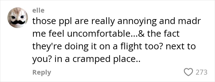 Social media comment expressing discomfort over disrespectful PDA act on plane in a cramped seating area.