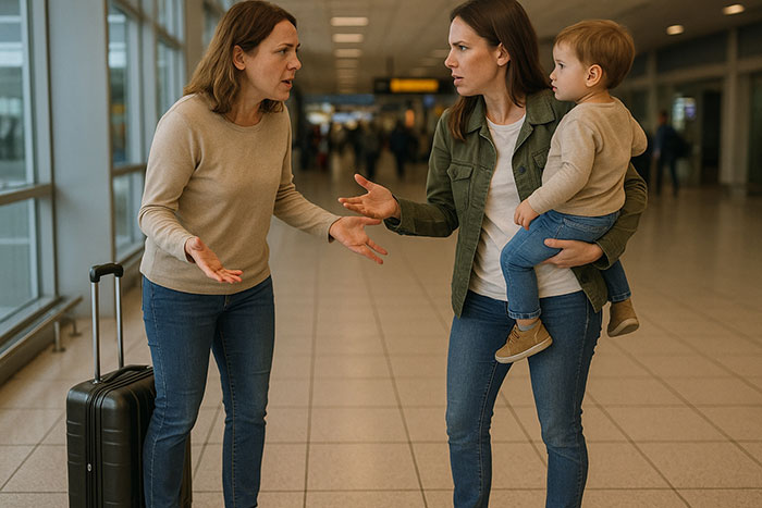 Woman and rude mom with child arguing intensely in airport hallway near TSA checkpoint at early morning. - 16