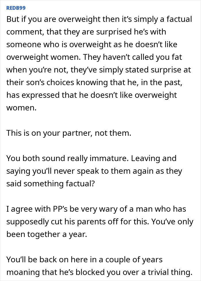 Woman shocked overhearing boyfriend&rsquo;s parents talk about her, feeling hurt and refusing to see them again.