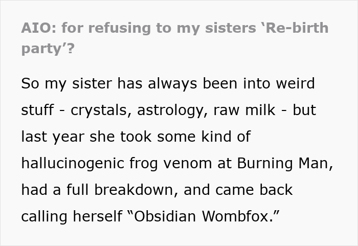 Text excerpt discussing a guy uncomfortable skipping his sister&rsquo;s rebirth party due to her spiritual beliefs and experiences.
