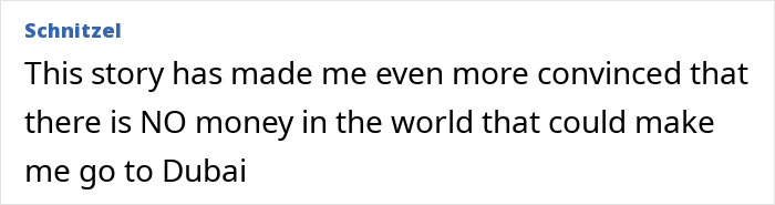 Commenter expressing strong refusal to visit Dubai due to a disturbing model found with broken limbs and spine on roadside. - 13