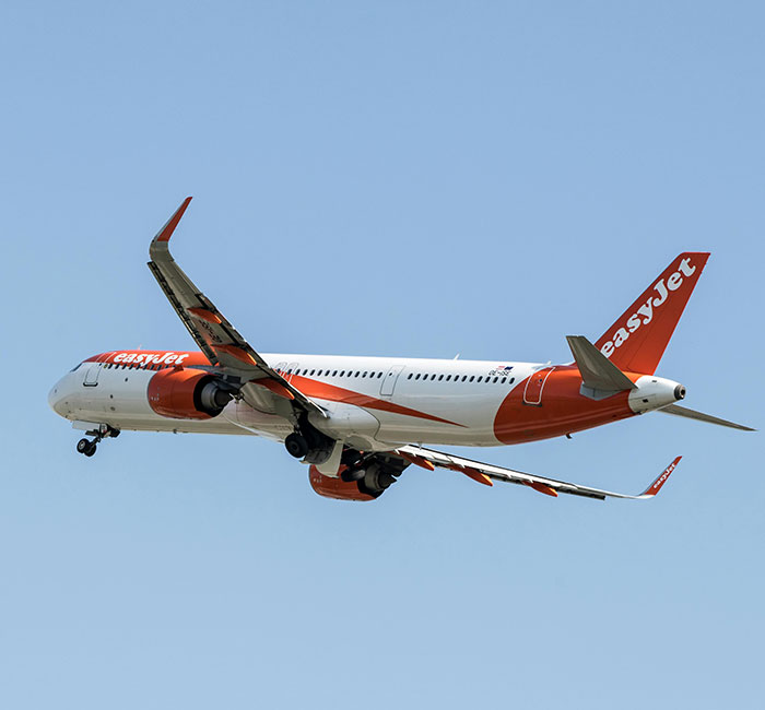 easyJet airplane in flight, representing a man threatening to explode plane mid-flight and passenger intervention