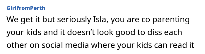 Screenshot of a social media comment criticizing Isla Fisher for publicly dissing co-parenting after her divorce. - 14