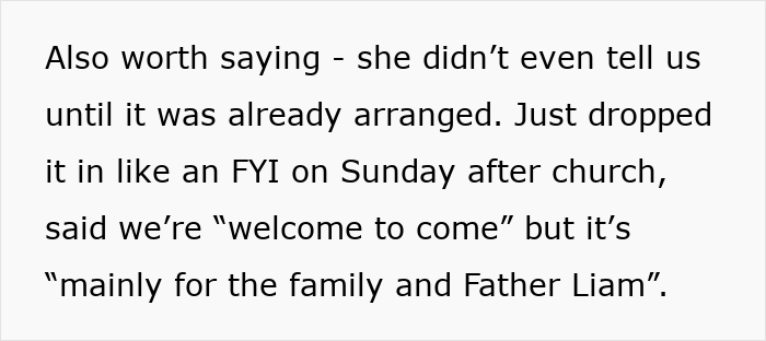 Text block showing a message about a MIL arranging a baby naming with a more Christian name, causing discomfort for mom.