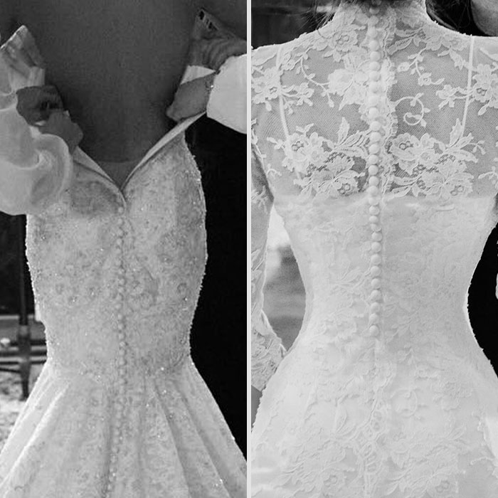 Close-up comparison of Lauren Sanchez and Jeff Bezos wedding dresses showing detailed buttons and lace, highlighting photoshopped edits.