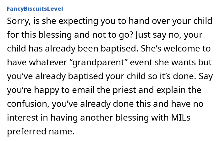 Comment discussing MIL demanding a more Christian baby name and mom feeling uncomfortable with the request.