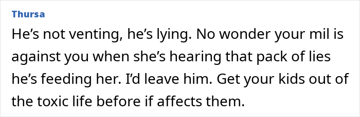 ALT text: Woman discovers husband texted his mother with lies, causing toxic family issues and advice to protect children.