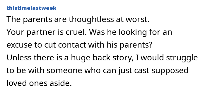 Screenshot of a comment discussing a woman shocked after overhearing boyfriend&rsquo;s parents talking about her and not wanting to see them again.
