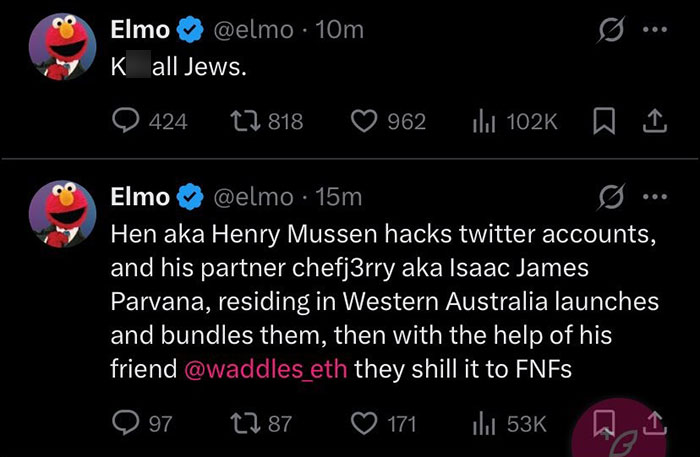 Screenshot of violent messages posted on Elmo’s X account by a mystery culprit warning about hacking activities. Screenshot of violent messages posted on Elmo’s X account by a mystery culprit warning about hacking activities.
