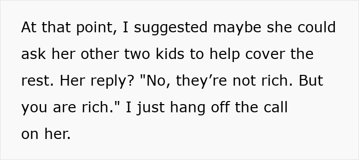 Text excerpt showing a woman insisting her daughter-in-law pays full rent after receiving only half, acting entitled.