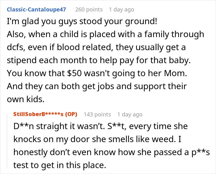 Online discussion where a person refuses to lend money to grifter neighbor and faces accusations of starving her baby.