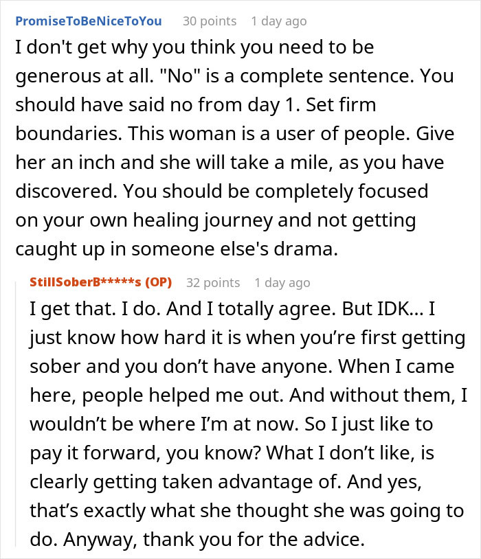 Person refuses to lend money to grifter neighbor and faces accusations of starving her baby in online discussion.