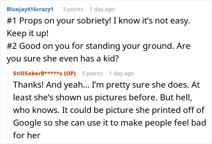 Online discussion about person refusing to lend money to grifter neighbor and being accused of starving her baby.