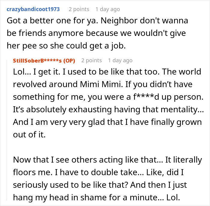 Reddit user describes exhausting grifter neighbor behavior and refusing to lend money amid baby starvation accusations.