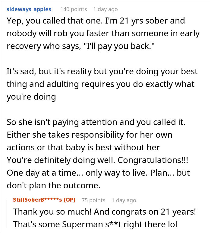 Online conversation about grifter neighbor refusing to lend money and accusations of starving her baby in a recovery context.
