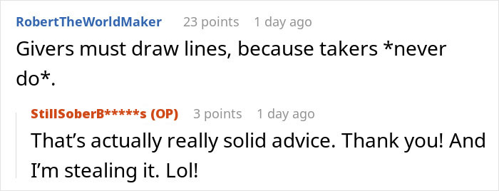 Reddit discussion about a person refusing to lend money to a grifter neighbor and false accusations of starving her baby.