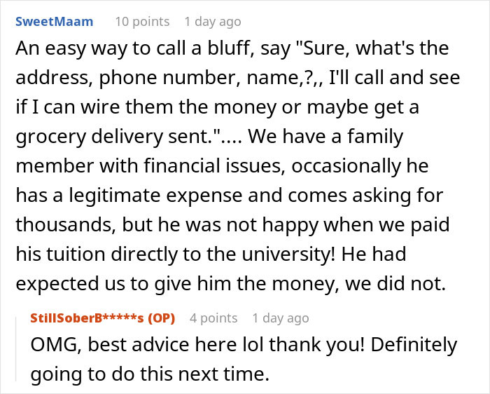 Screenshot of a Reddit comment discussing refusing to lend money to a grifter neighbor and accusations of starving a baby.