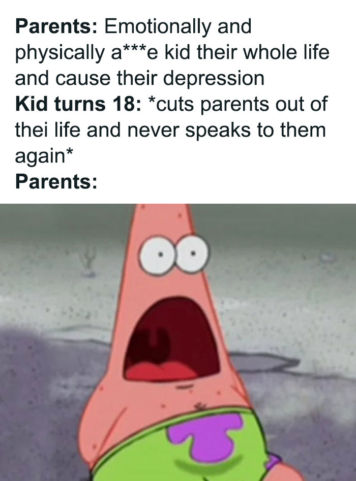 Shocked cartoon character representing entitled parents after an adult child cuts them out of their life meme.