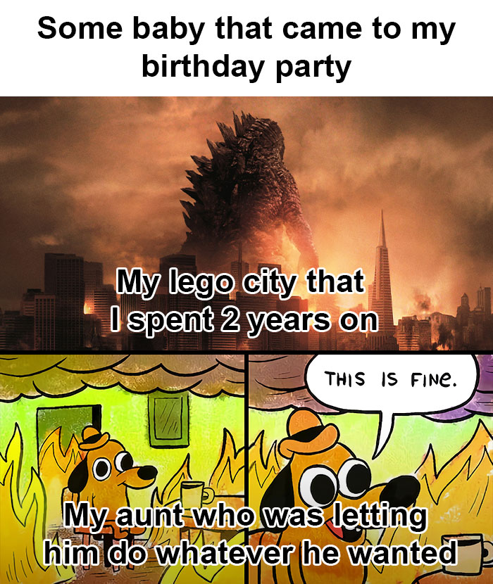 Meme illustrating entitled parents destroying a Lego city, featuring chaos dog saying this is fine amid fire.