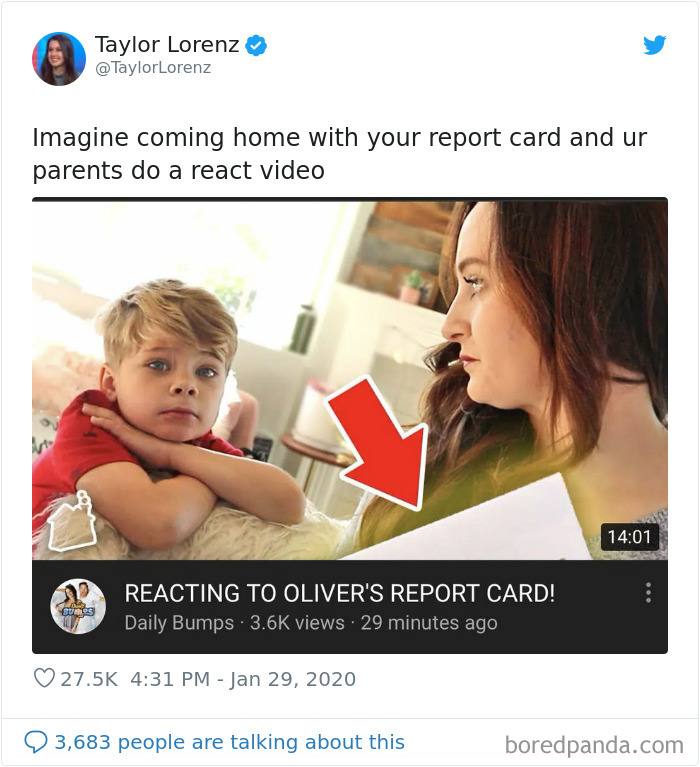 Child looking worried as parent reacts to report card in a video, illustrating memes about entitled parents.