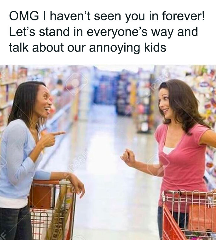 Two women chatting in a grocery store aisle with shopping carts, illustrating entitled parents memes humorously.