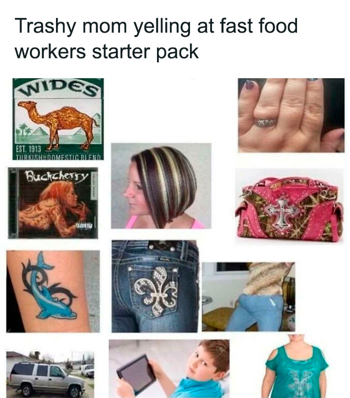 Collage of images representing entitled parents meme starter pack with tattoos, flashy accessories, and demanding behavior.