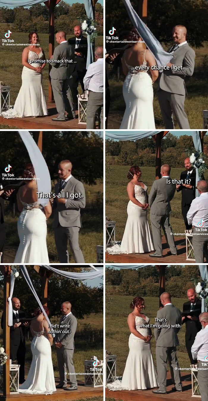 Bride and groom at outdoor wedding ceremony with groom showing entitlement in his wedding vows.