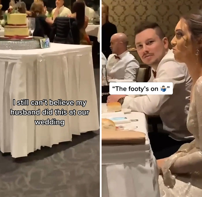 Groom showing a sense of entitlement by prioritizing football during wedding reception, surprising guests and bride.