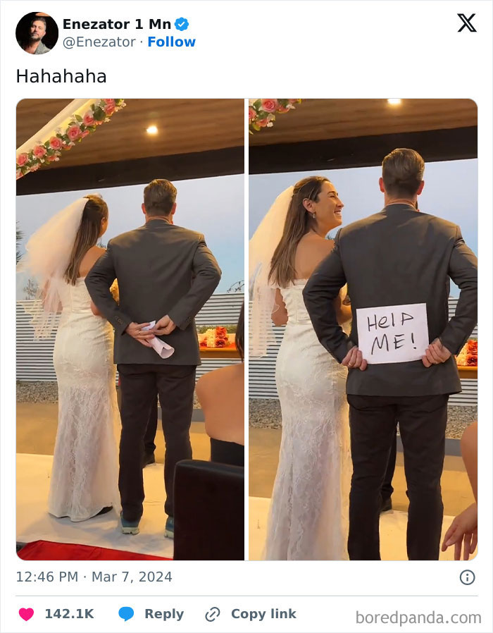 Groom at wedding holding a sign saying help me, highlighting grooms exposed for their sense of entitlement.