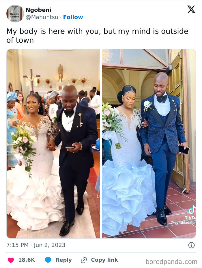 Bride and groom walking in wedding attire, groom distracted by phone showing sense of entitlement at ceremony.