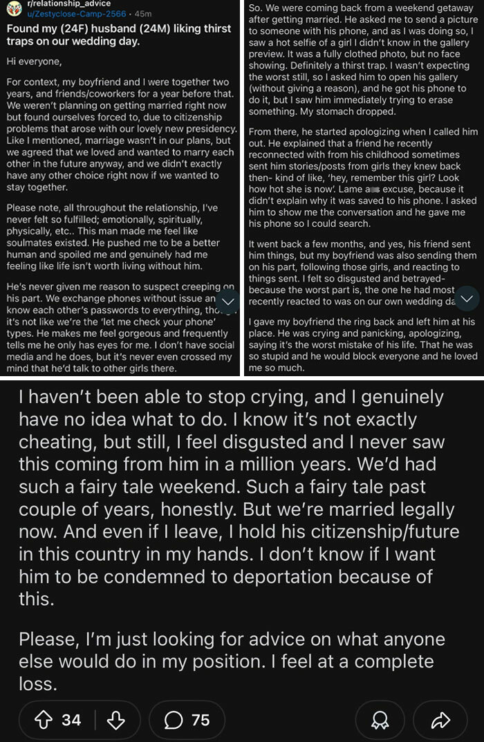 Wife discovers husband's entitlement through deceit and secret interactions with other women on their wedding day.