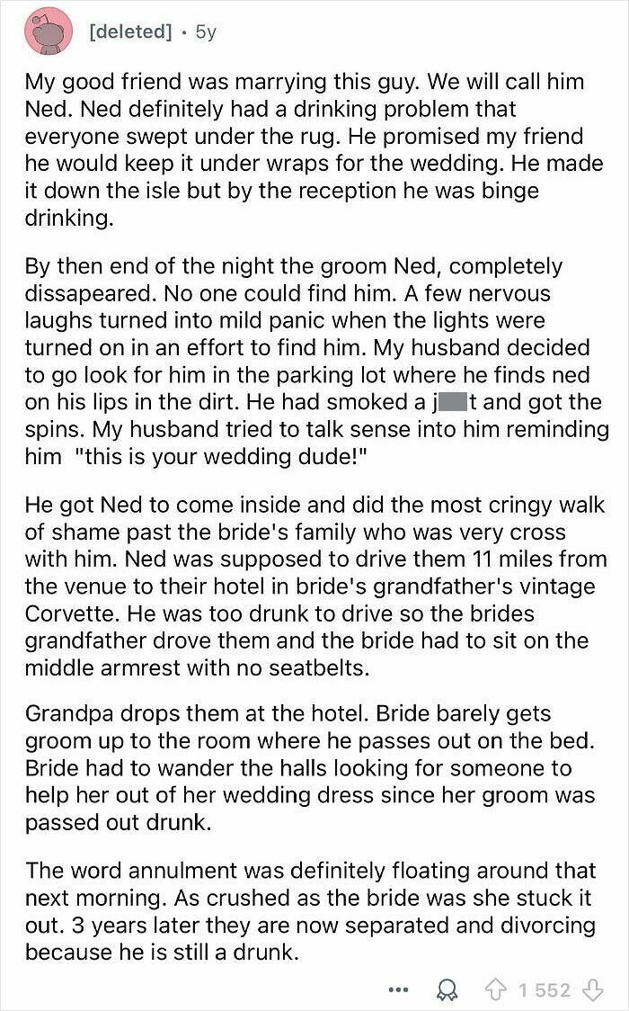 Text post describing a groom exposed for entitlement involving drunken behavior and irresponsibility at the wedding.