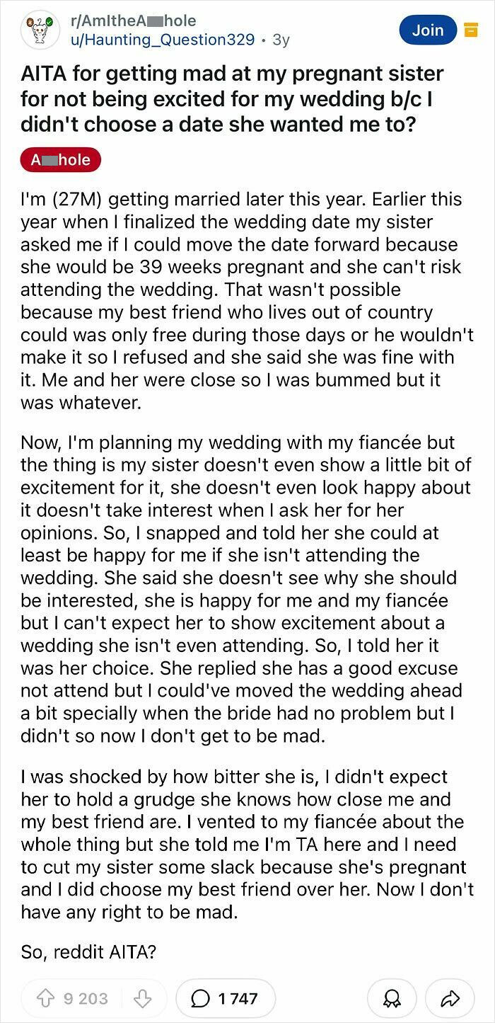 Reddit post showing a groom exposed for entitlement after refusing to change wedding date for pregnant sister.
