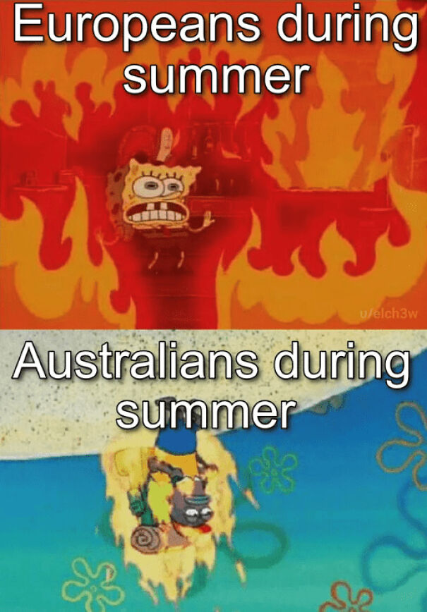 Meme showing contrasting summer reactions with Europeans overwhelmed by heat and Australians enjoying fire, summer memes humor.