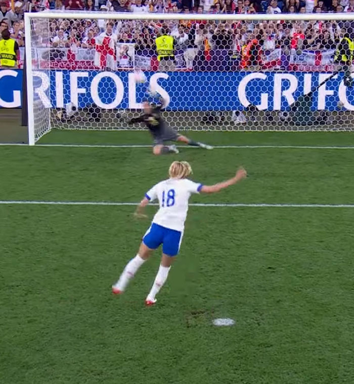 Soccer player takes a penalty shot during England's dramatic shootout win against Spain in a stadium full of fans. - 5