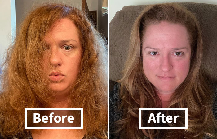 Woman with frizzy hair before and smooth hair after using affordable problem solvers under 15 dollars for hair care.