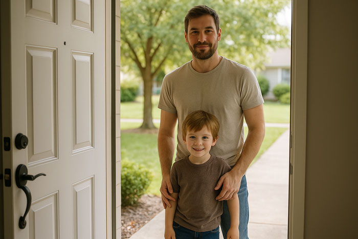 Man and child standing at the front door, illustrating a lady refusing ex's stepkid to use her bathroom over privacy concerns.