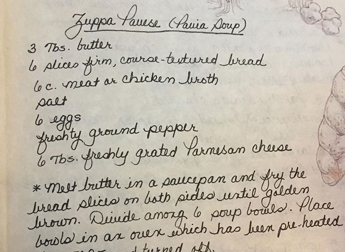 Handwritten personal recipe card for Zuppa Pavese soup, showcasing thoughtful and personal gift ideas.