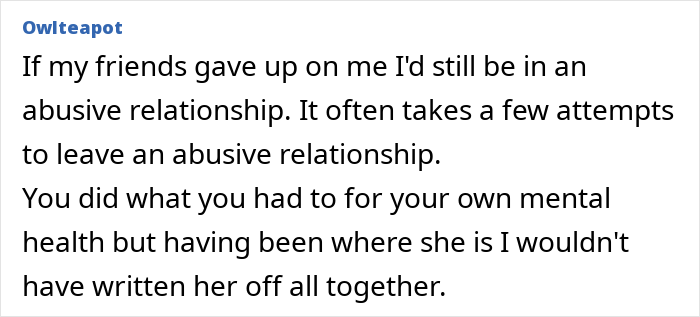 Comment text about supporting a friend in an abusive marriage, discussing mental health and the challenges of leaving.