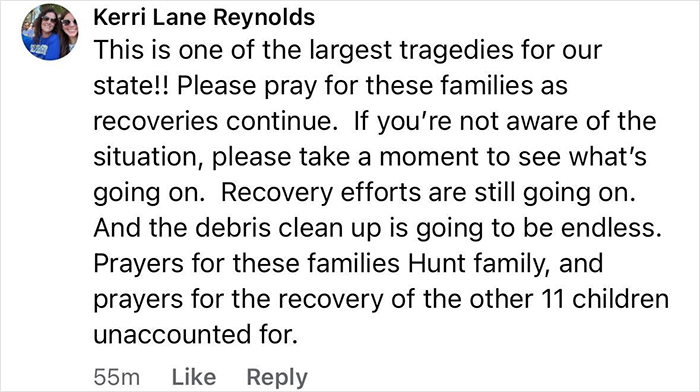Comment expressing prayers for families affected by Texas floods including family of Travis Kelce's boss after losing a child.