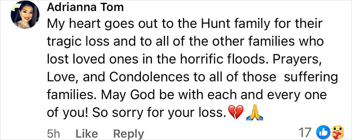 Comment expressing condolences for the family of Travis Kelce's boss after Texas floods claim a young girl's life.