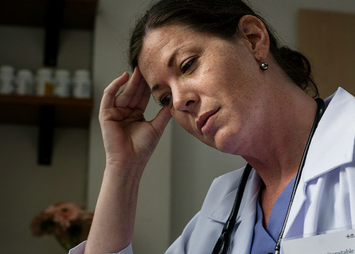 Stressed female doctor in white coat with stethoscope, deep in thought in a clinical setting about death machines. - 17