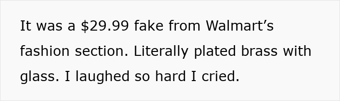 Woman realizing family heirloom gifted by mother-in-law is only worth thirty dollars and a fake from Walmart.
