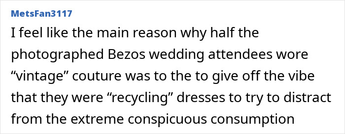 Screenshot of a comment by MetsFan3117 discussing the Bezos wedding attendees and vintage couture fashion choices.