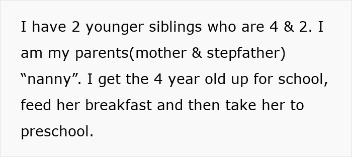 Text image describing a 20-year-old frustrated with responsibility of caring for half-siblings, planning to move out.